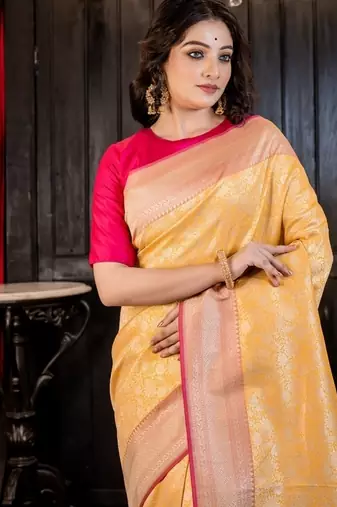 yellow woven matka silk blend zari woven all seasons sarees