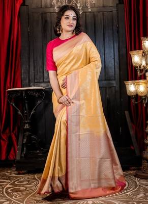 yellow woven matka silk blend zari woven all seasons sarees 3