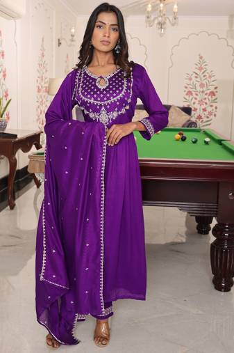 Purple color soft silk fabric embroidered Kurta set
