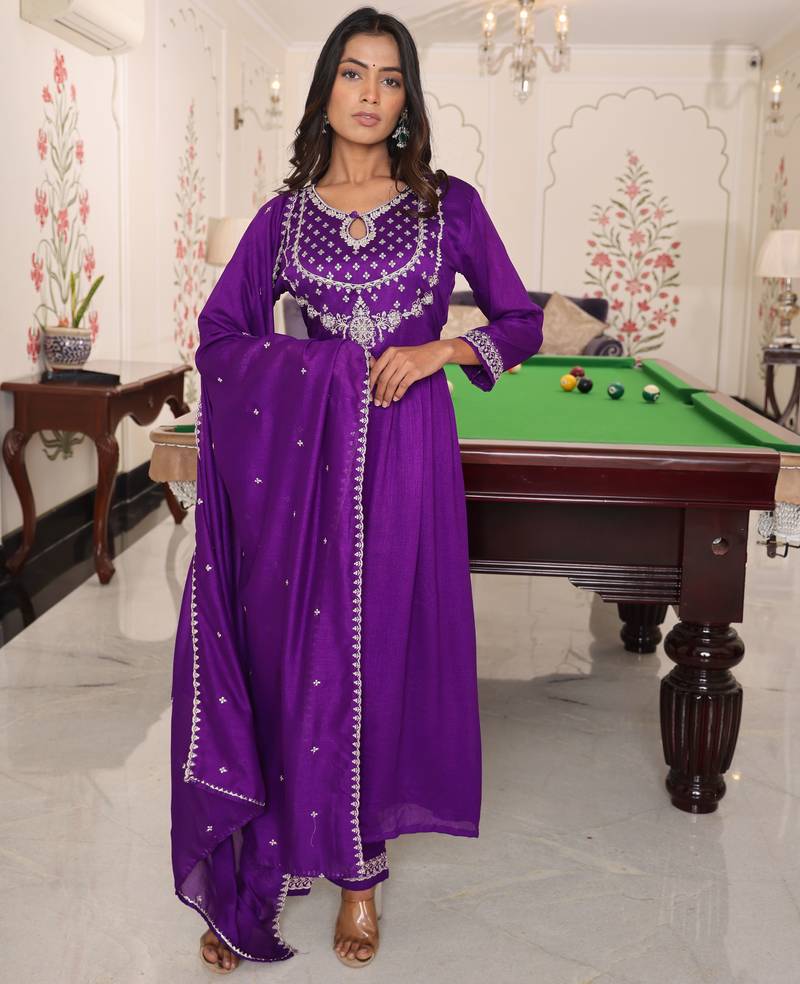 Purple color soft silk fabric embroidered Kurta set