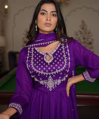 Purple color soft silk embroidered Kurta set 3