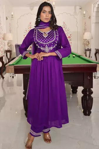 Purple color soft silk embroidered Kurta set