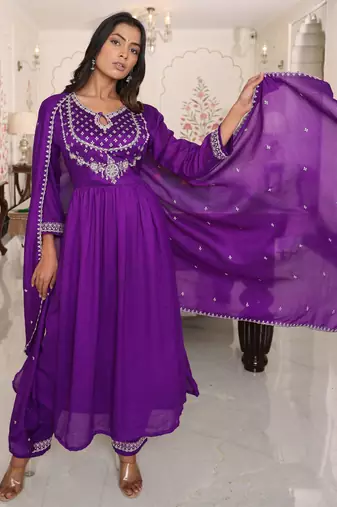 Purple color soft silk embroidered Kurta set