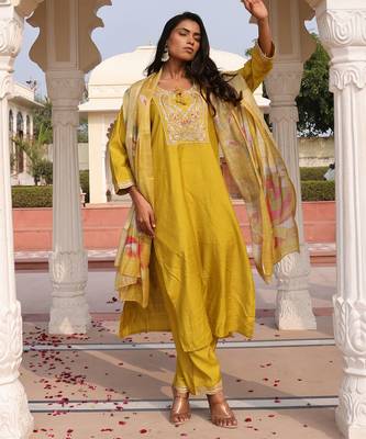 Yellow color cotton silk embroidered Kurta set 1