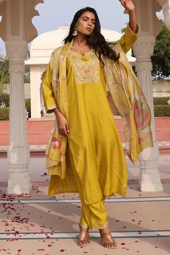 Yellow color cotton silk fabric embroidered Kurta set