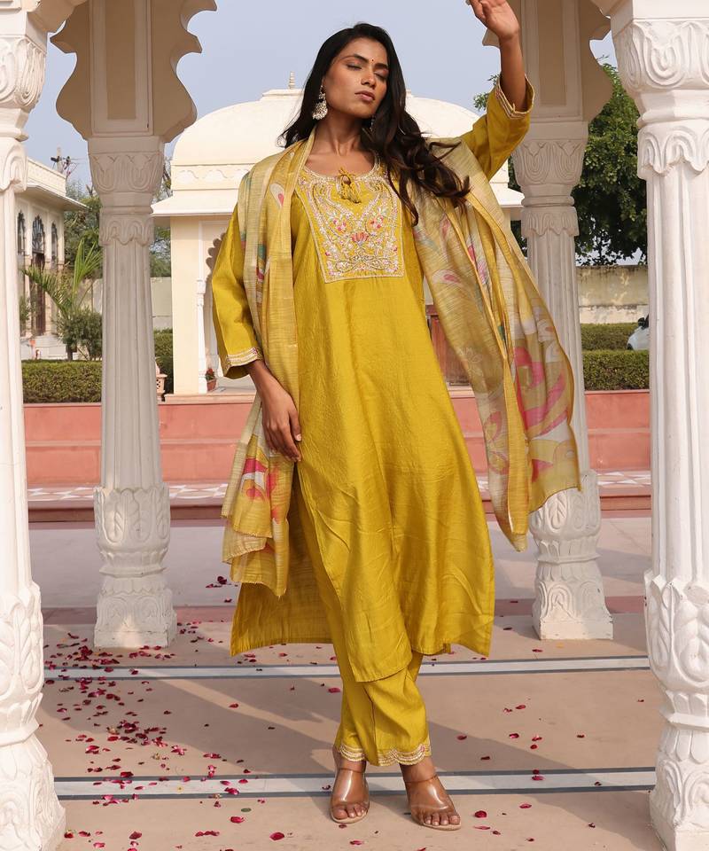 Yellow color cotton silk fabric embroidered Kurta set