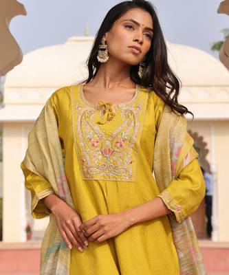 Yellow color cotton silk embroidered Kurta set 3