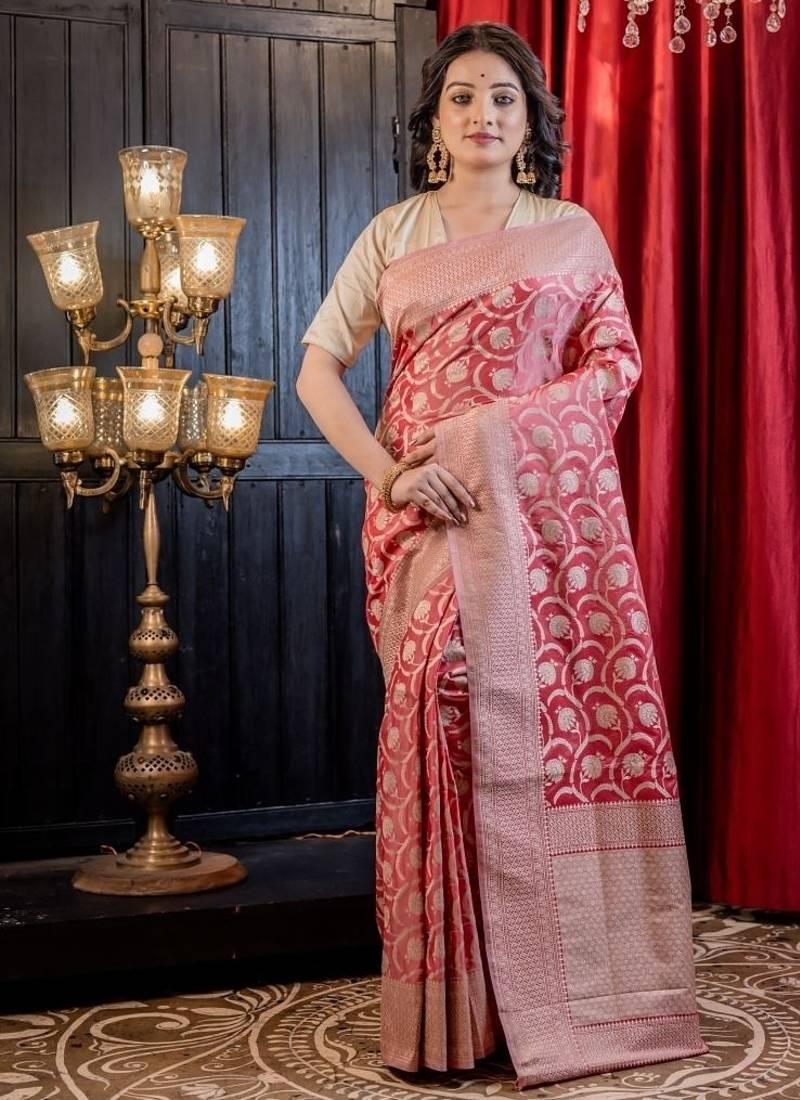 pink woven matka silk blend saree