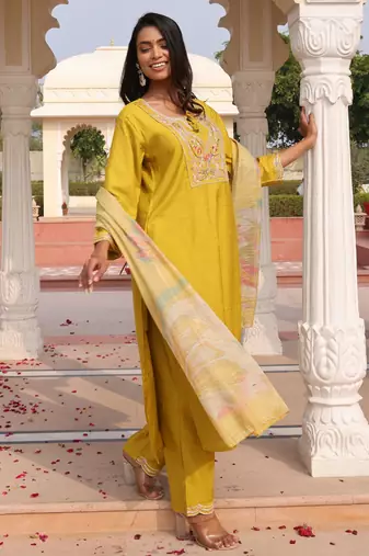 Yellow color cotton silk embroidered Kurta set