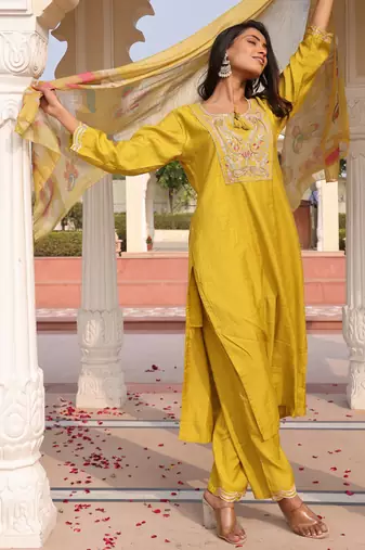 Yellow color cotton silk embroidered Kurta set