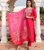 Pink color cotton silk fabric embroidered Kurta set