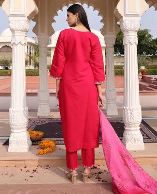 Pink color cotton silk embroidered Kurta set 2