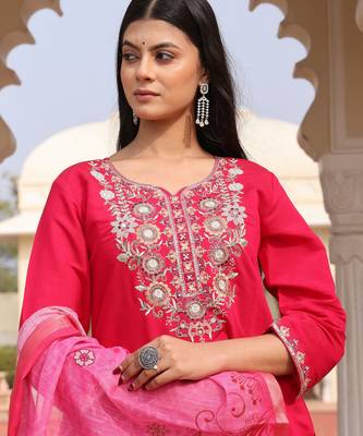 Pink color cotton silk embroidered Kurta set 3