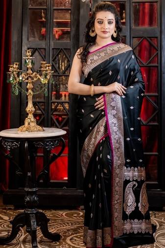 black woven silk blend saree