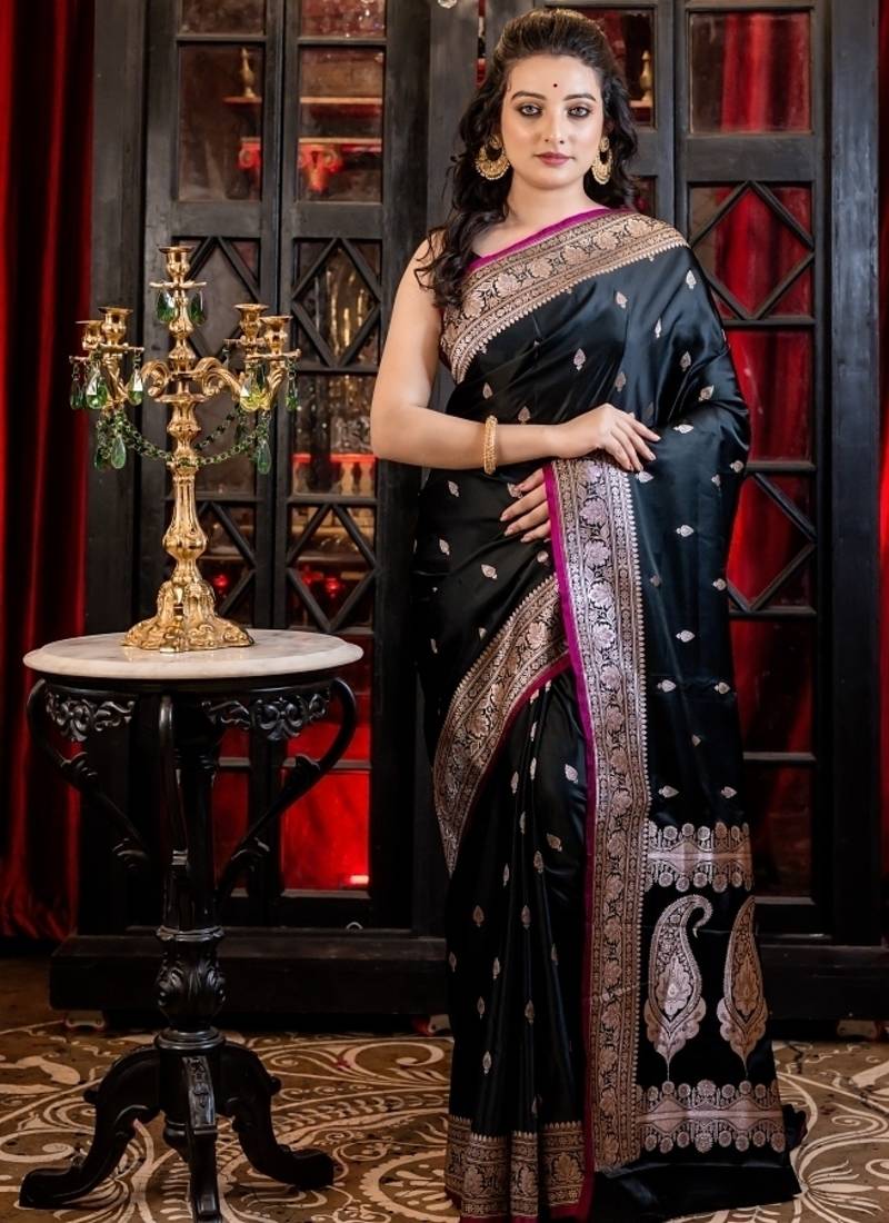 black woven silk blend saree