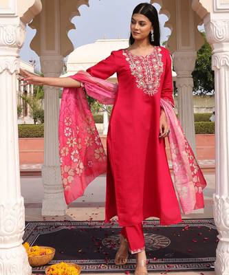 Pink color cotton silk embroidered Kurta set 5