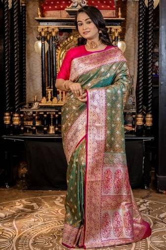 green woven katan silk blend saree