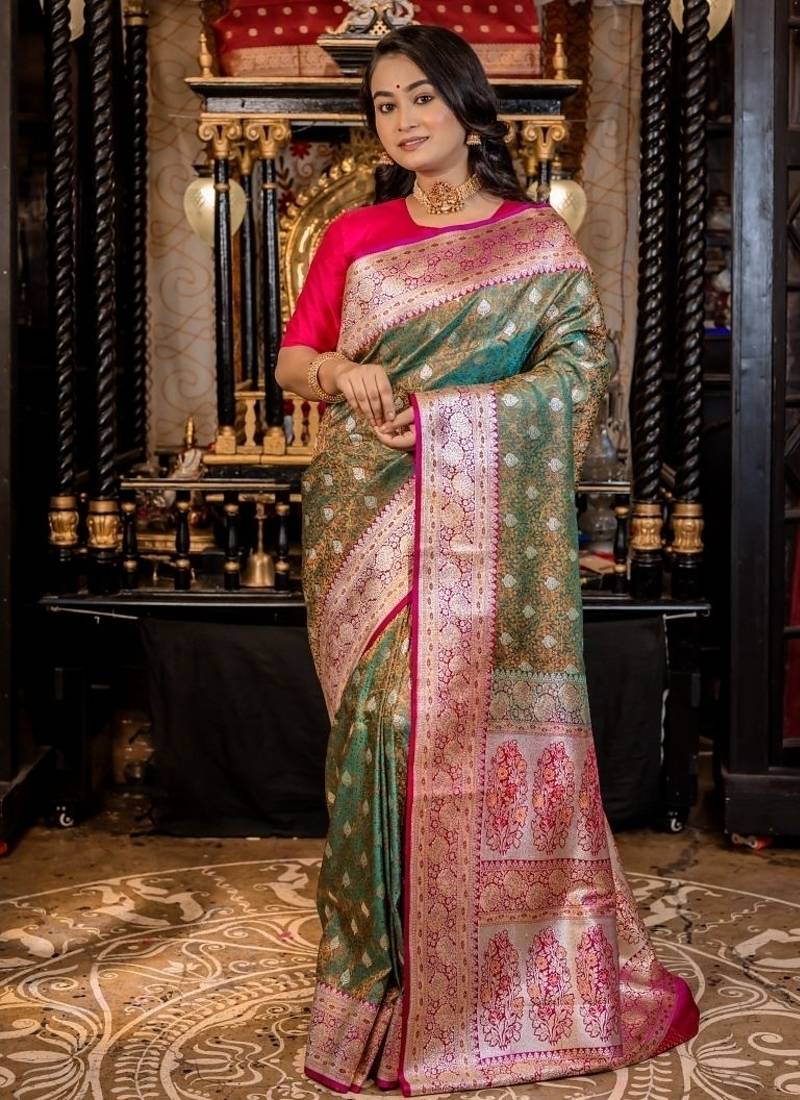 green woven katan silk blend saree