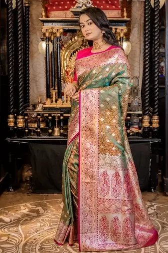 green woven katan silk blend zari woven all seasons sarees