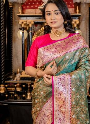 green woven katan silk blend zari woven all seasons sarees 3