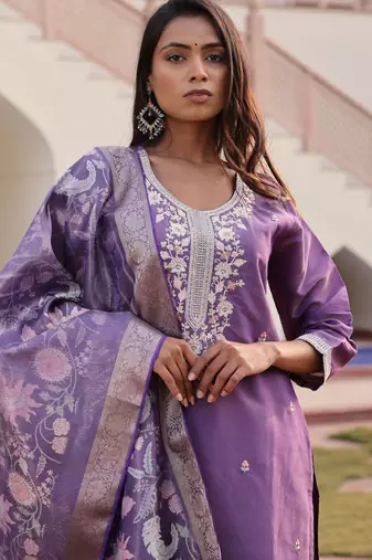 Lavender color simmer silk embroidered Kurta set
