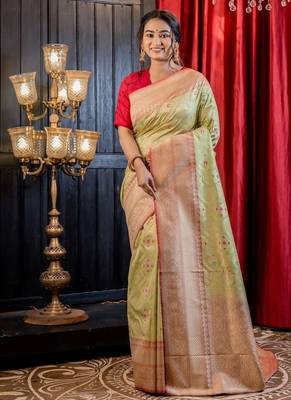 green woven matka silk blend zari woven all seasons sarees 1