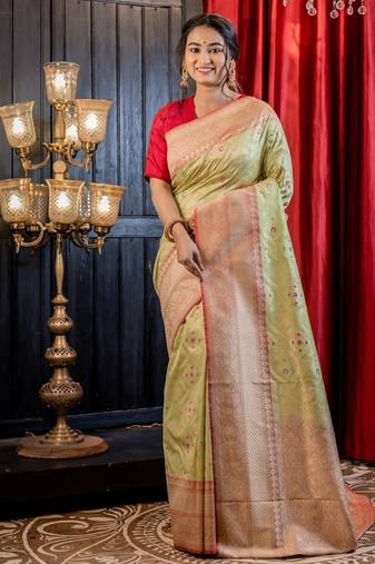green woven matka silk blend saree