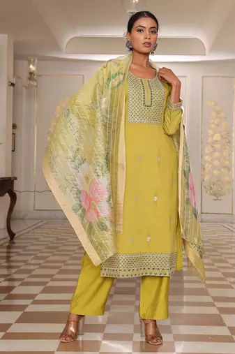Yellow color cotton silk fabric embroidered Kurta set