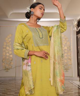 Yellow color cotton silk embroidered Kurta set 3