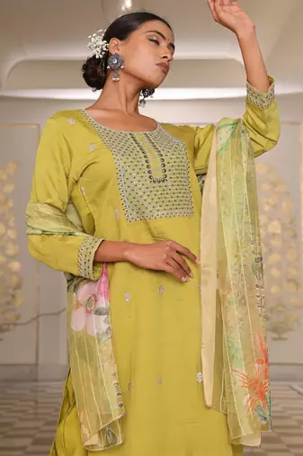 Yellow color cotton silk embroidered Kurta set