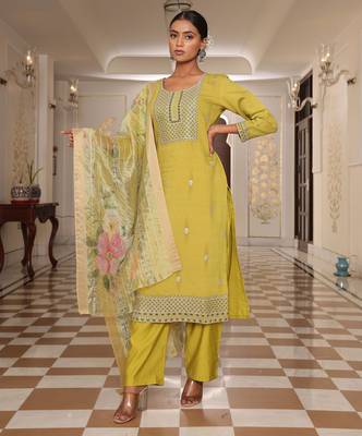 Yellow color cotton silk embroidered Kurta set 4