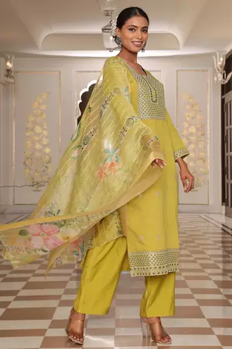 Yellow color cotton silk embroidered Kurta set