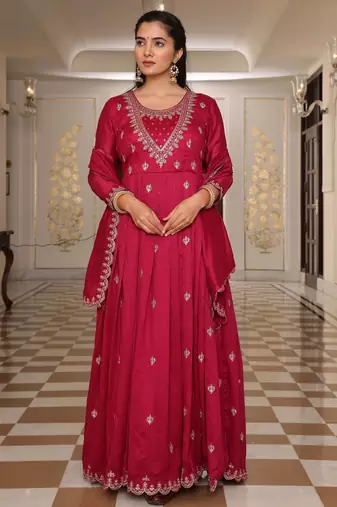 Pink color soft silk fabric embroidered Kurta set