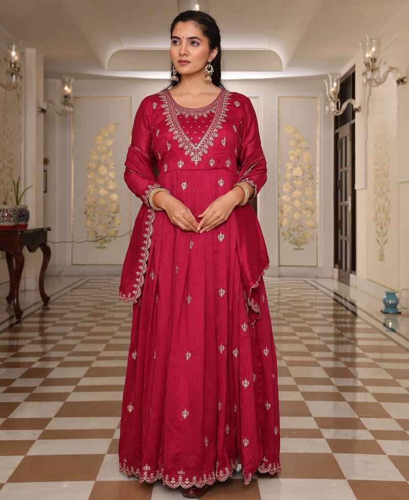 Pink color soft silk fabric embroidered Kurta set