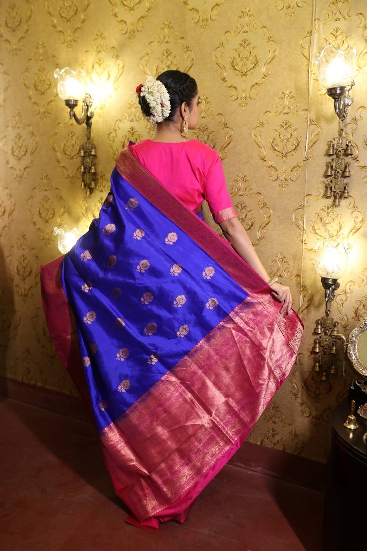blue hand woven katan silk blend saree