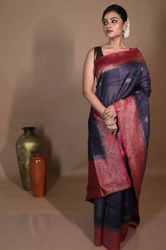 grey hand woven tussar saree