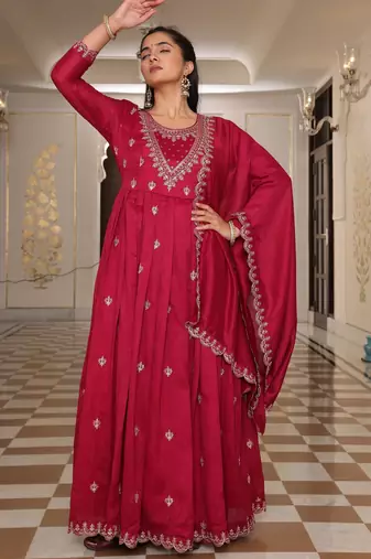 Pink color soft silk embroidered Kurta set