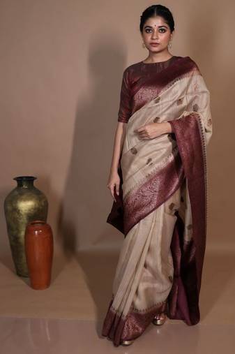 beige hand woven tussar saree
