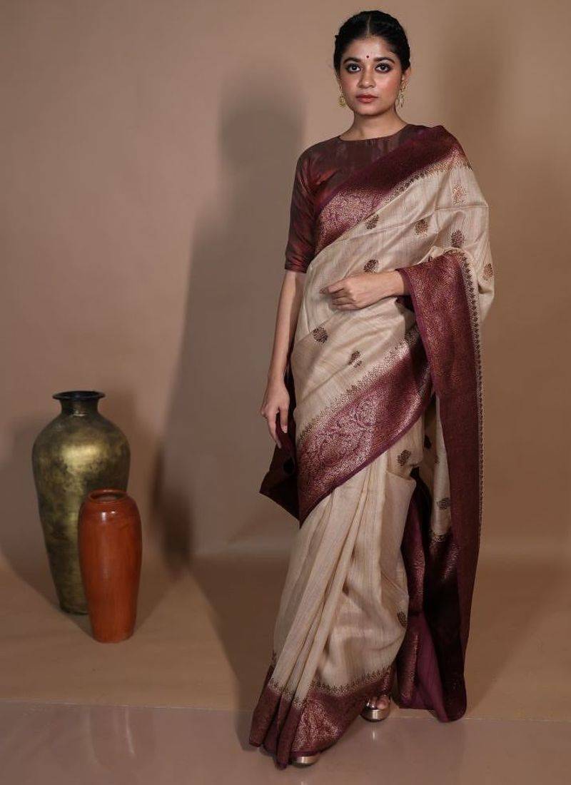 beige hand woven tussar saree