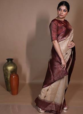 beige hand woven tussar zari woven all seasons sarees 2