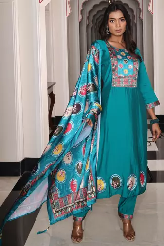 Firozi color viscose simmer fabric embroidered Kurta set