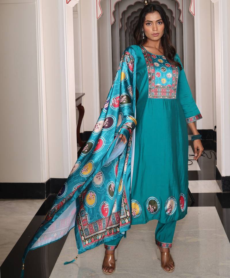 Firozi color viscose simmer fabric embroidered Kurta set