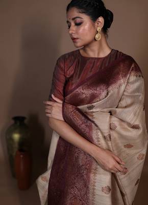 beige hand woven tussar zari woven all seasons sarees 3