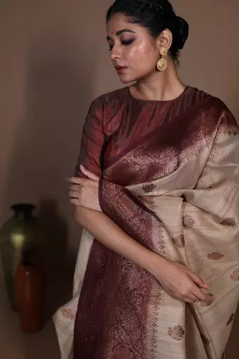 beige hand woven tussar zari woven all seasons sarees