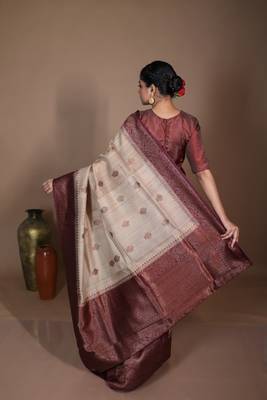 beige hand woven tussar zari woven all seasons sarees 4