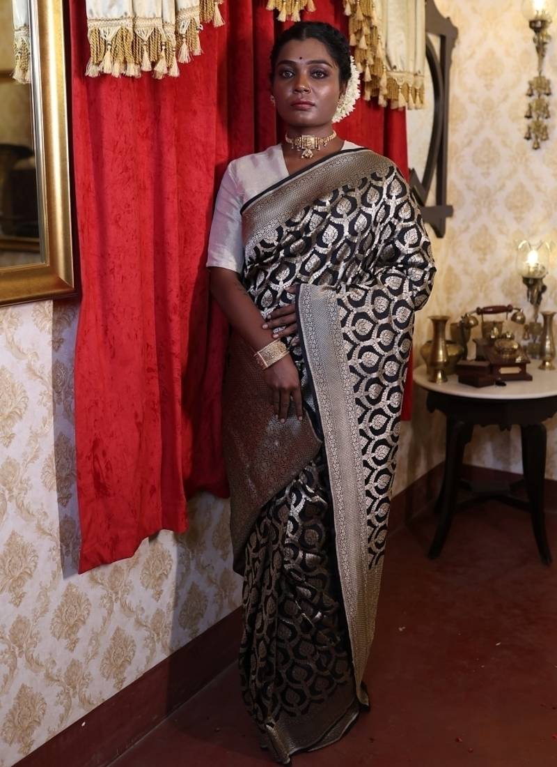 black hand woven katan silk blend saree