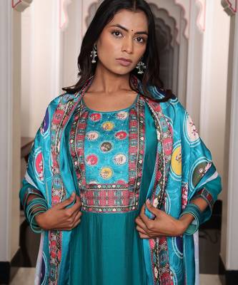 Firozi color viscose simmer embroidered Kurta set 3