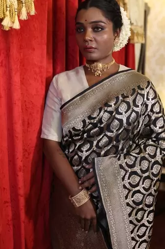 black hand woven katan silk blend zari woven all seasons sarees