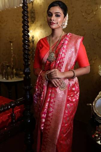 pink hand woven katan silk blend saree
