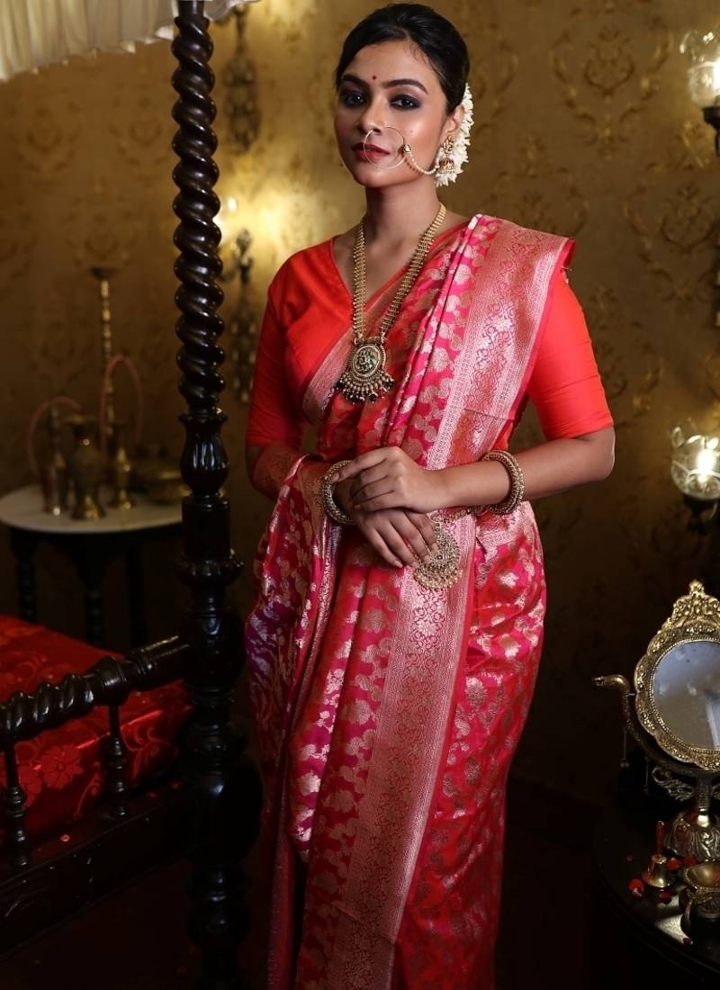 pink hand woven katan silk blend saree